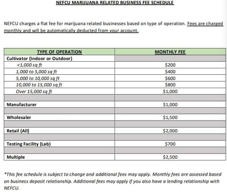 A screen shot of New England Federal Credit Union's cannabis banking fees leaked on Facebook post last week.