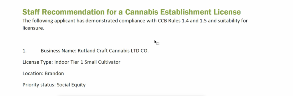 Vermont: Control Board Issues First Operational Cannabis License in VT to Social Equity Tier One Cultivator Rutland Craft Cannabis